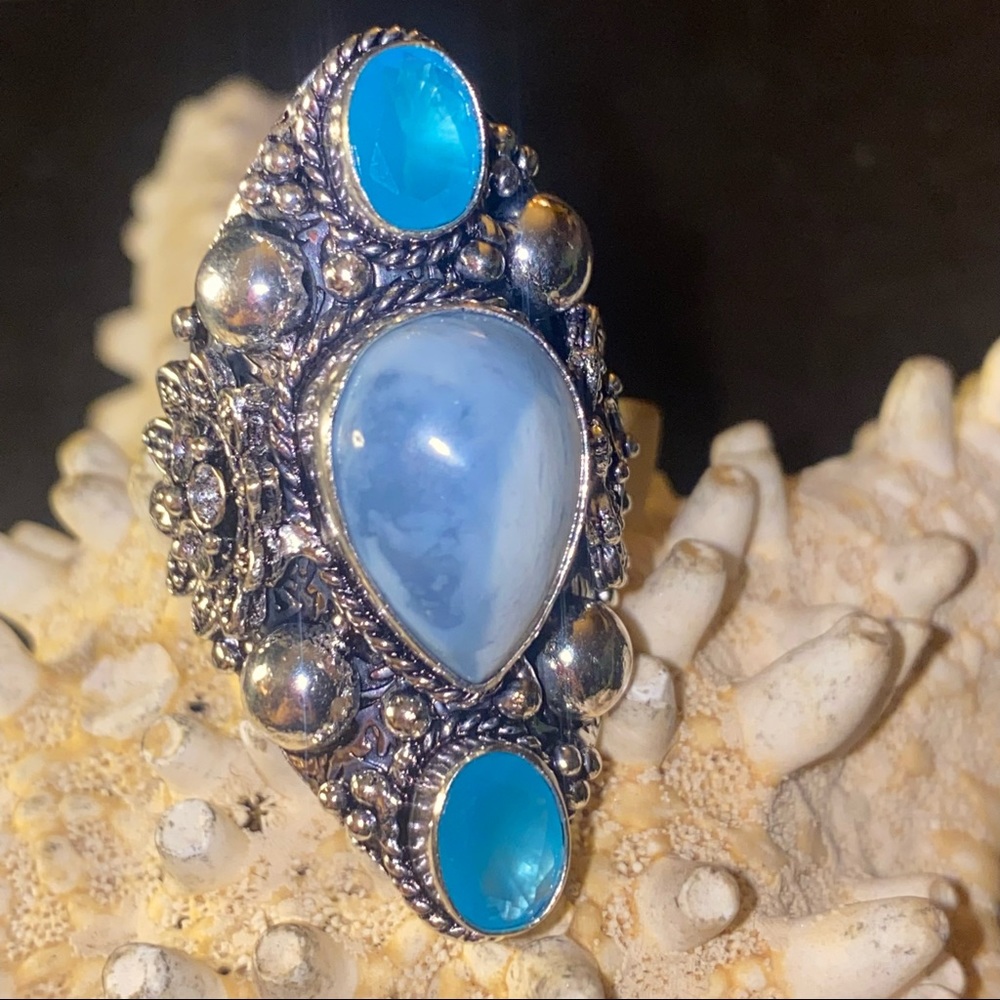Owhyee + Blue Chalcedony handcrafted vintage Renaissance ring